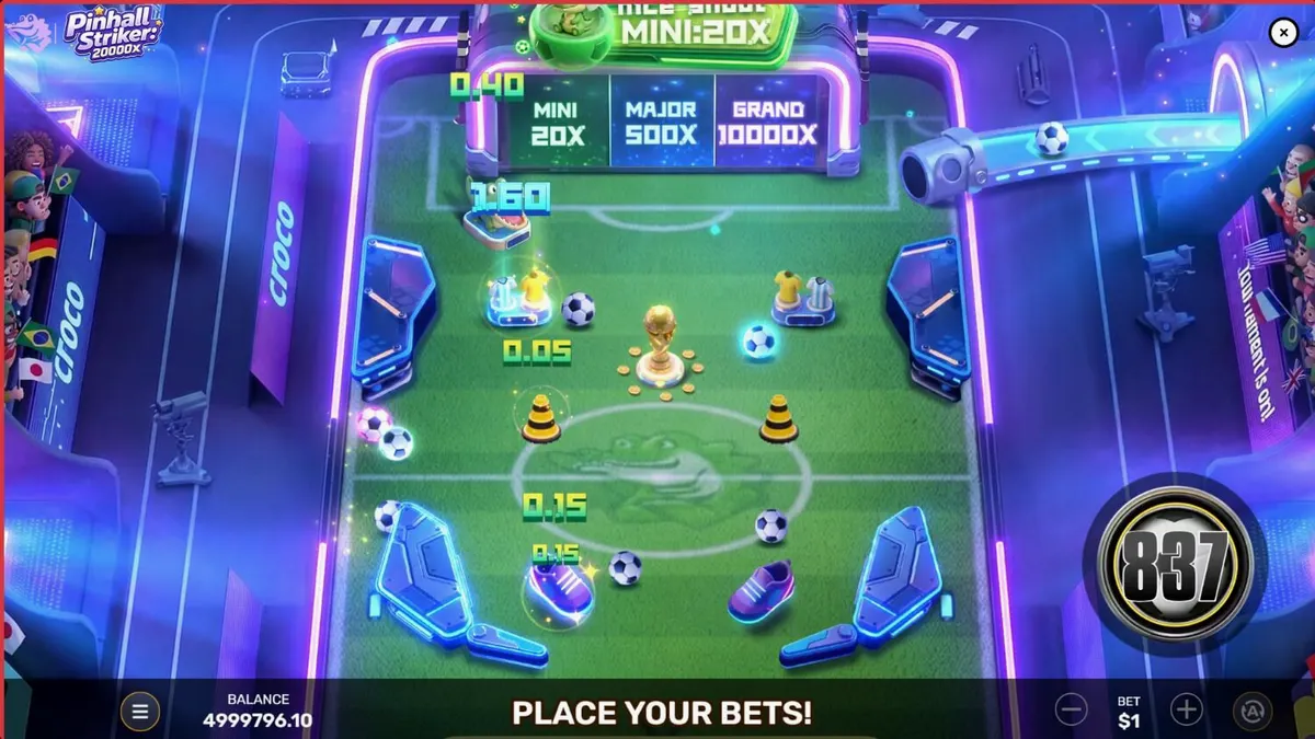 Tampilan layar permainan Pinball Striker 20,000x dengan latar belakang stadion neon