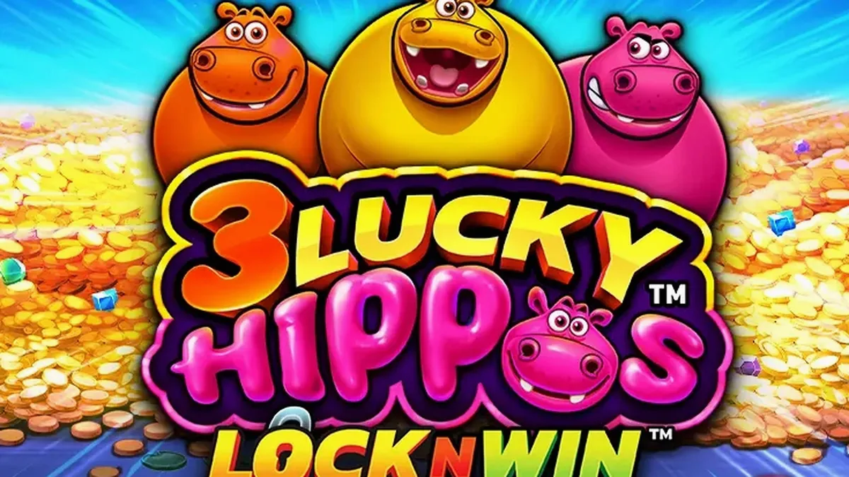Tampilan visual game slot 3 Lucky Hippos dengan tema hewan yang ceria
