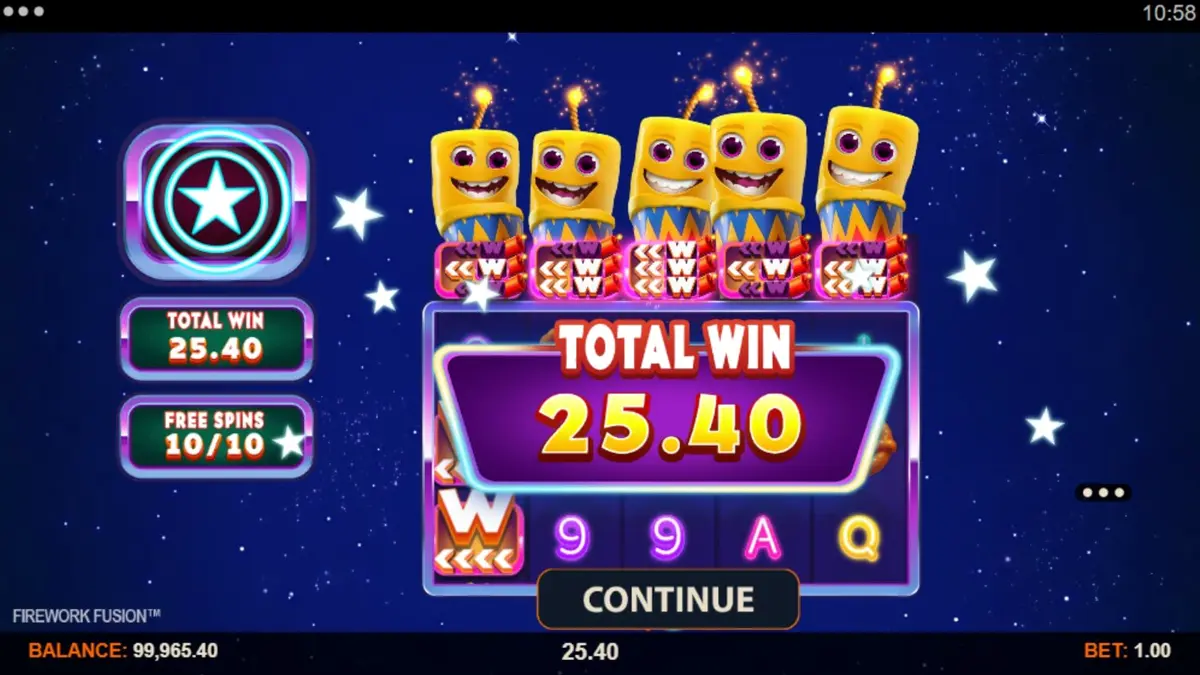 Tampilan visual slot Firework Fusion dengan tema karnaval pantai dan kembang api