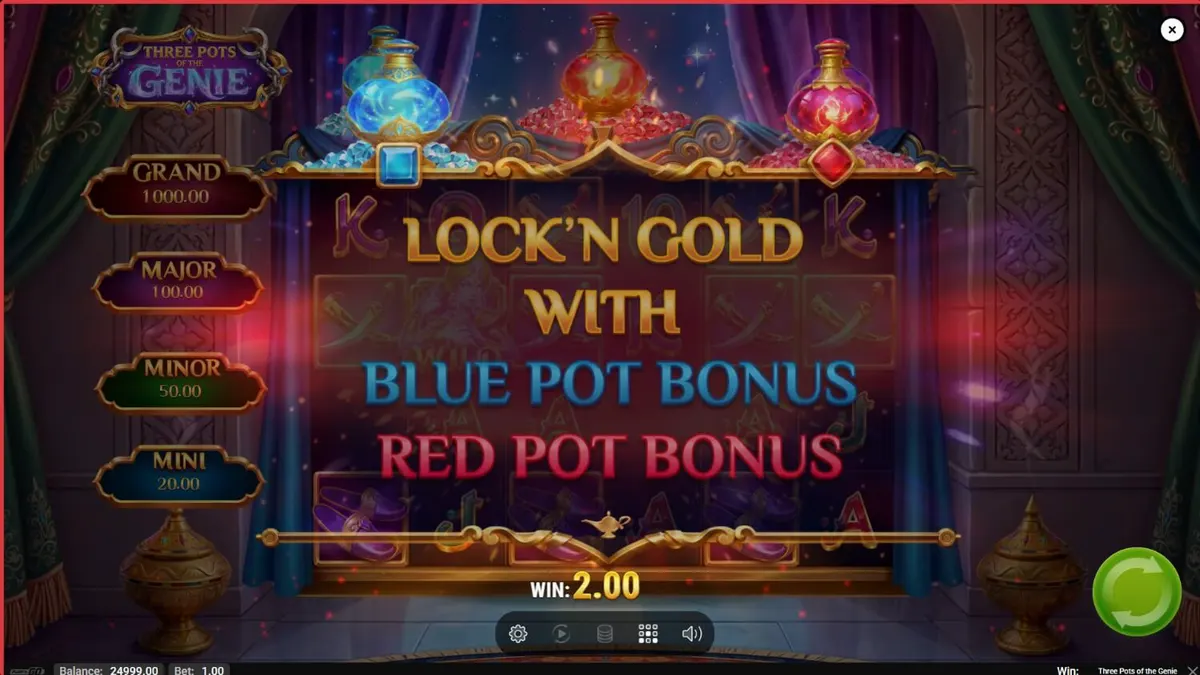 Tampilan visual slot Three Pots of the Genie dengan latar belakang Arabian Nights yang mewah