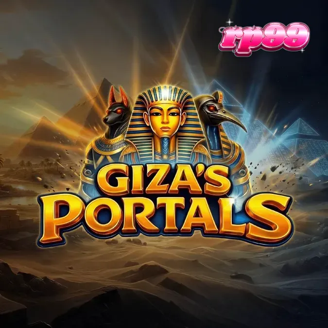 Tampilan visual slot Giza’s Portals dengan latar belakang piramida dan simbol dewa Mesir.